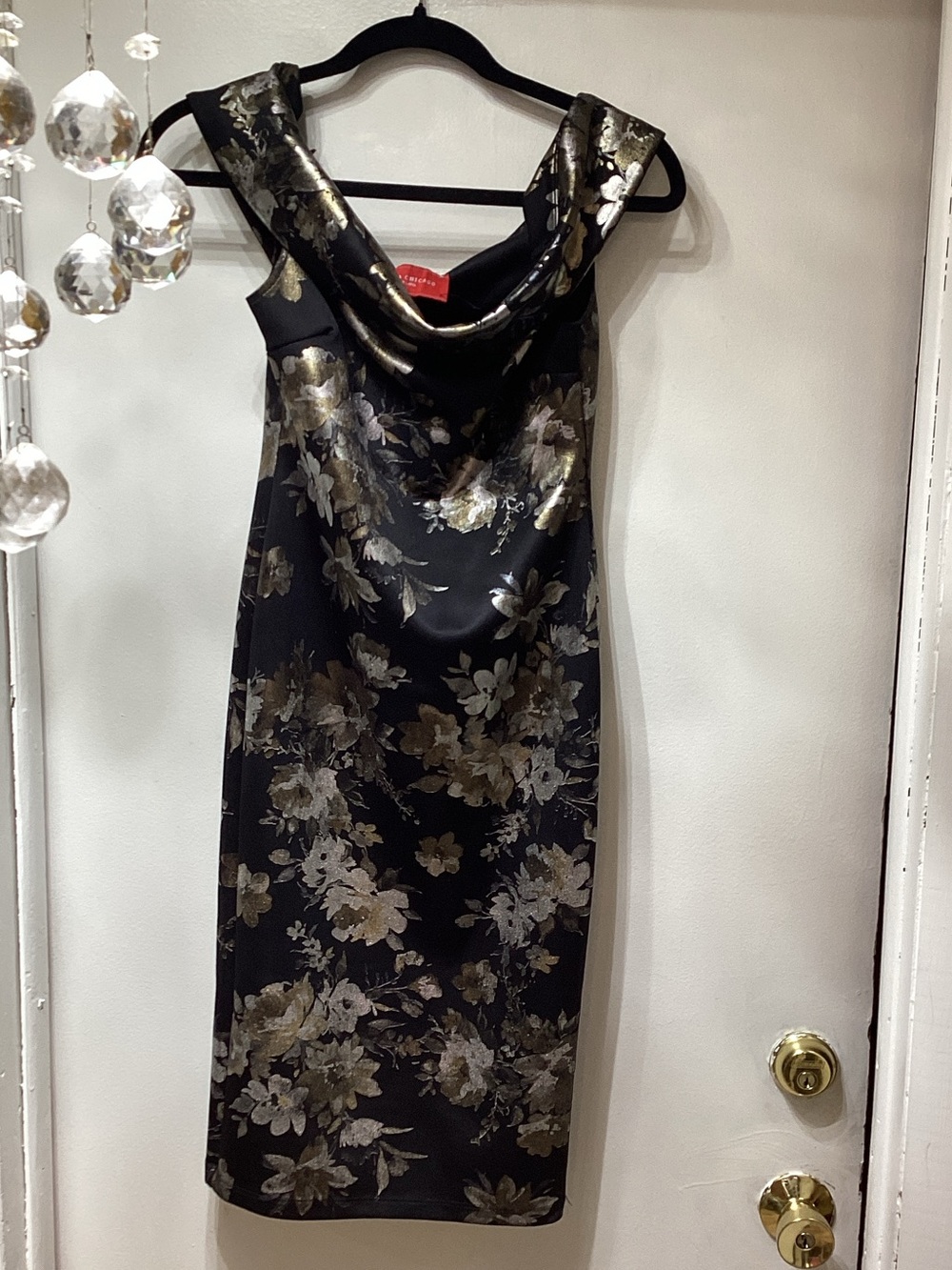 AKIRA Black & Gold Floral Cowl Neck Midi Dress
